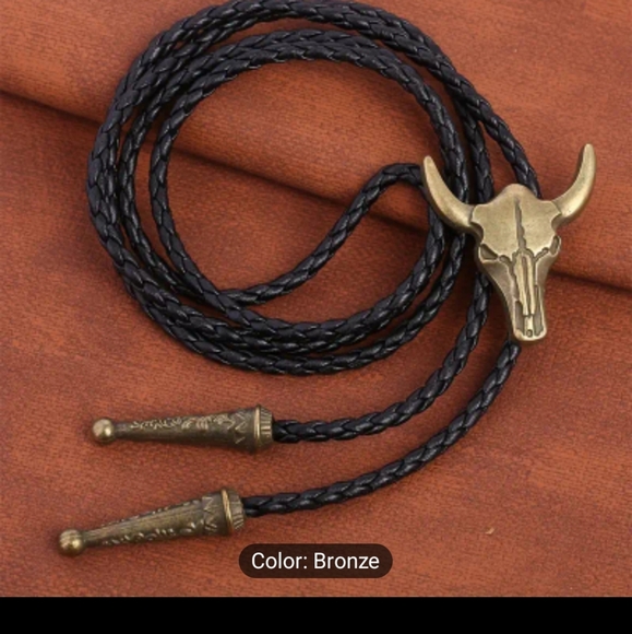 New Gold bull steer leather bolo tie - Picture 4 of 4